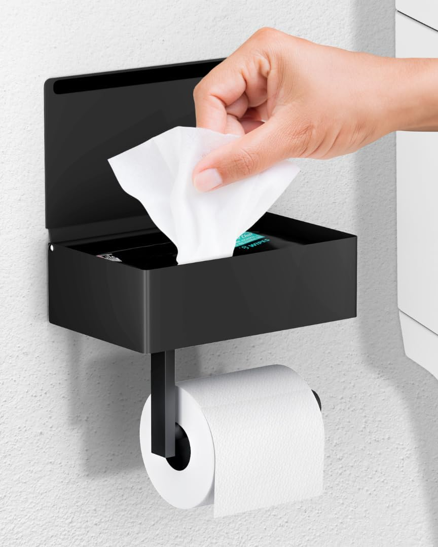 Day Moon Designs Toilet Paper Holder with Shelf - Flushable Wipes Dispenser & Storage Fits Any Bathroom, Keep Your Wet Wipes Hidden - Stainless Steel Wall Mount Bathroom Organizer - Matte Black, Large image number 3