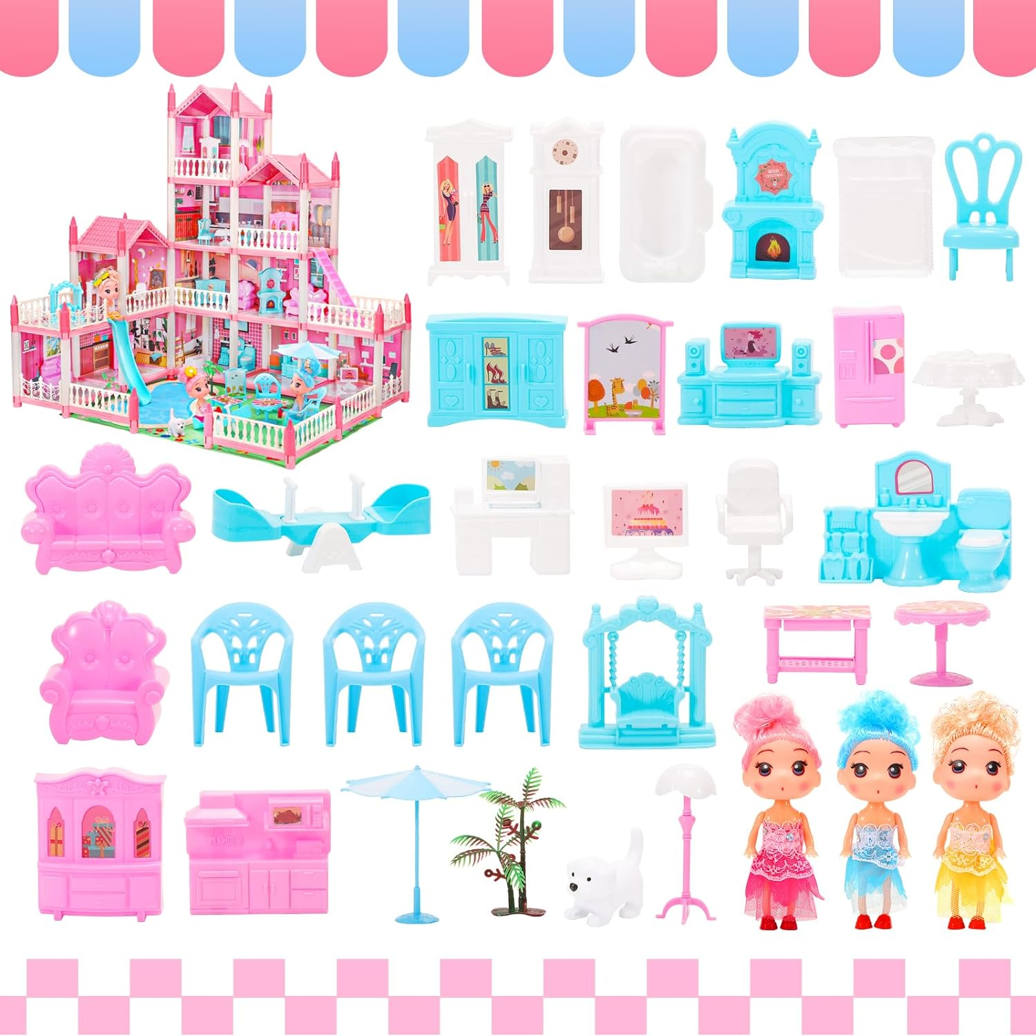 Doll House, 4-Story 11 Rooms Pool Party Dollhouse, Princess House Playset with Furniture, Pink Toddler Play-House Toy for 3 4 5 6 7 8 9 10+ Year Old Girls image number 1