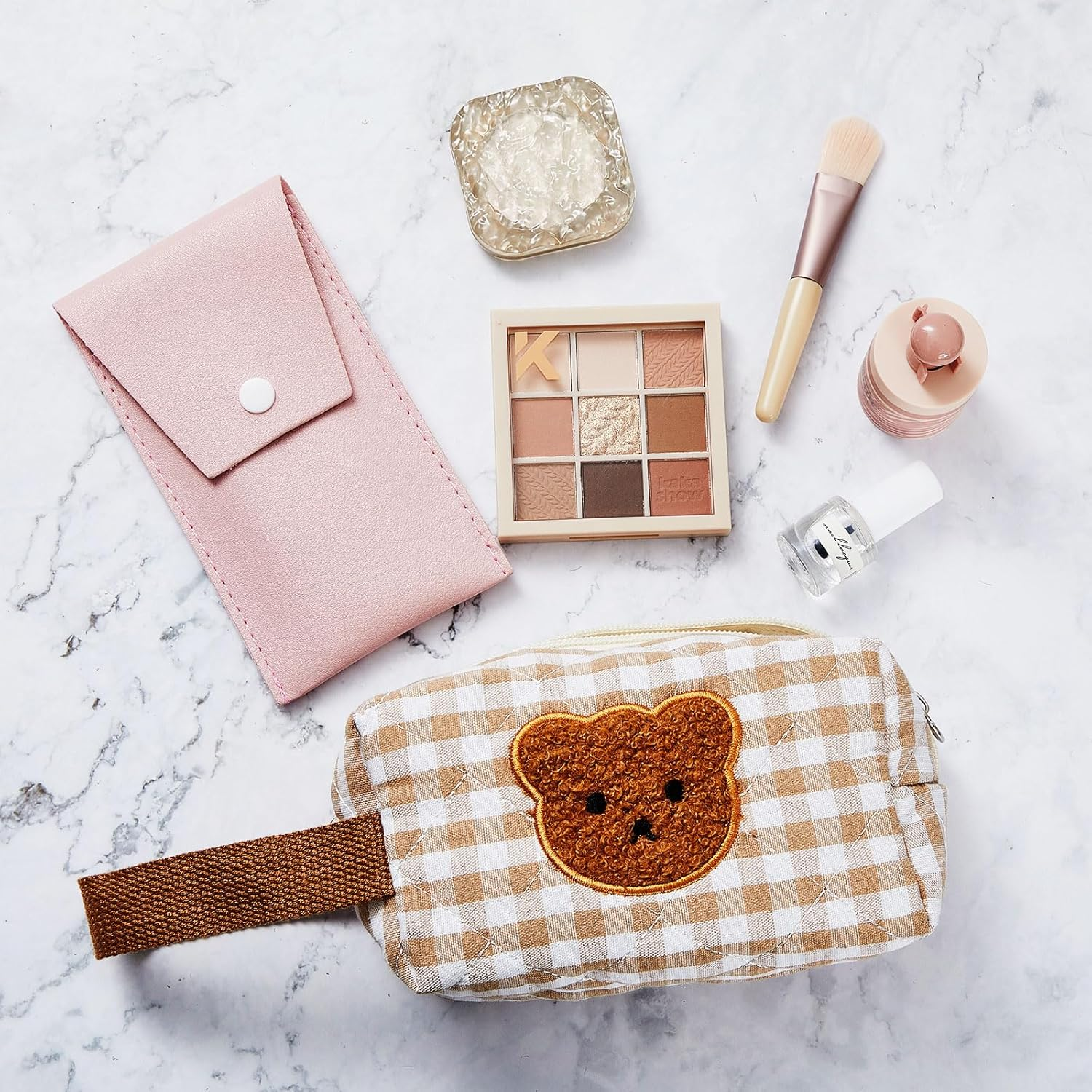 Zeyune 2 Pcs Cotton Quilted Makeup Bag, Large Travel Coquette Cosmetic Bag, Aesthetic Cute Floral Cherry Peony Toiletry Organizer Skincare Bag for Women Girls(Cute Bear Style), Brown image number 5