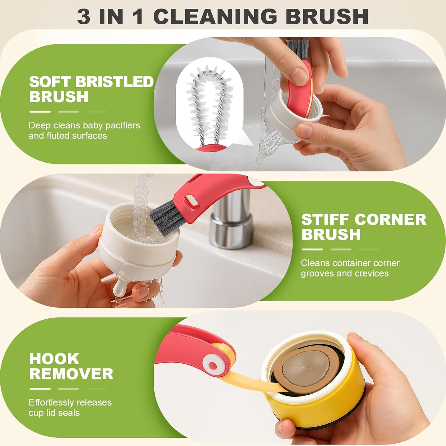 3 in 1 Cup Lid Cleaning Brush 4 Pack - Multifunctional Cleaning Brush Set for Tight Spaces, Bottle Gaps & Travel Mugs | Portable Durable Cup Lid Cleaner Tools with 4 Assorted Colors (Home Kitchen Use) image number 1