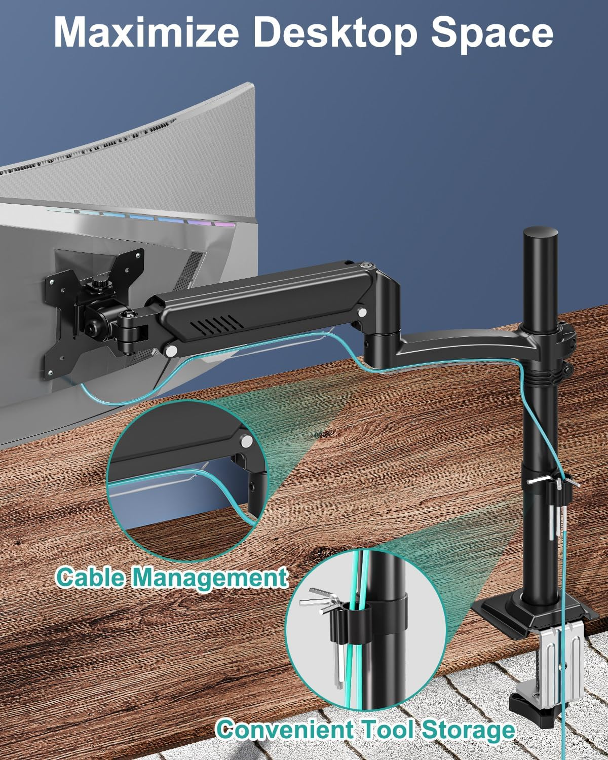 Single Monitor Mount Arm, VESA Desk Mount Stand for 13-32 Inch Computer Screen up to 22 Lbs, Adjustable Height Tall Monitor Arm with Tilt Swivel Rotation, VESA 75 100Mm, Black, Freelift - White image number 4