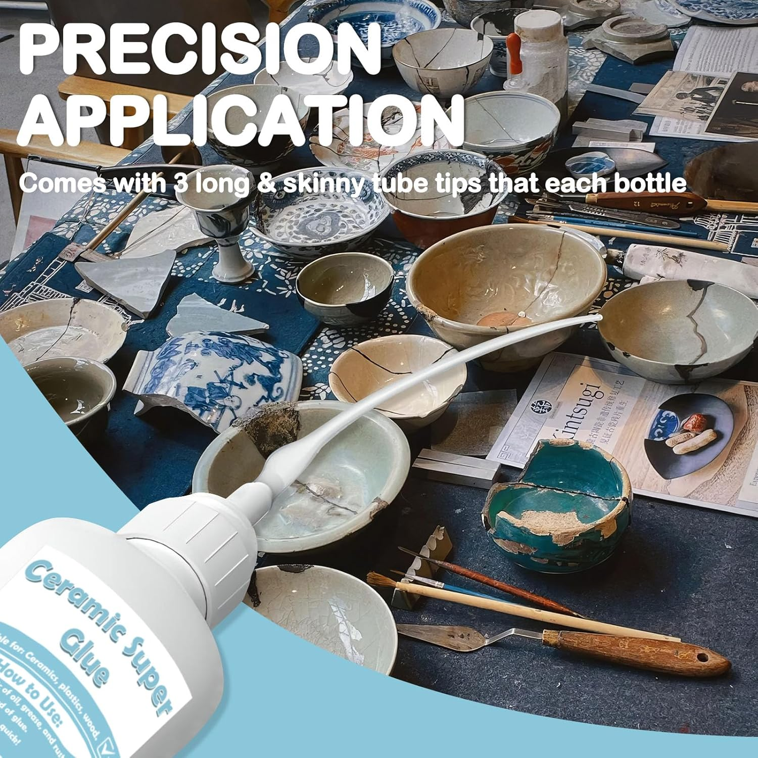 WAN2TLK Ceramic Glue 60G, Waterproof Ceramic Glue Repair for Pottery, Heat-Resistant, Porcelain Glue for Bonding Pottery, Glass, Plastic, Acrylic, Metal, Wood, Rubber - 6 Applicator Nozzles