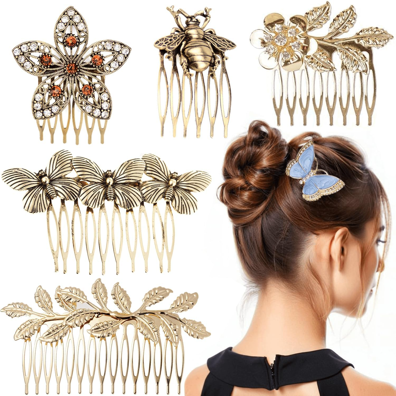 6 Pack Vintage Gold Hair Side Combs for Women Decorative,Butterfly Flower Leaf Pearl Rhinestone Metal Hair Comb Tooth Clip with Teeth Grip Crystal Bridal Hair Piece Pins for Wedding Accessories