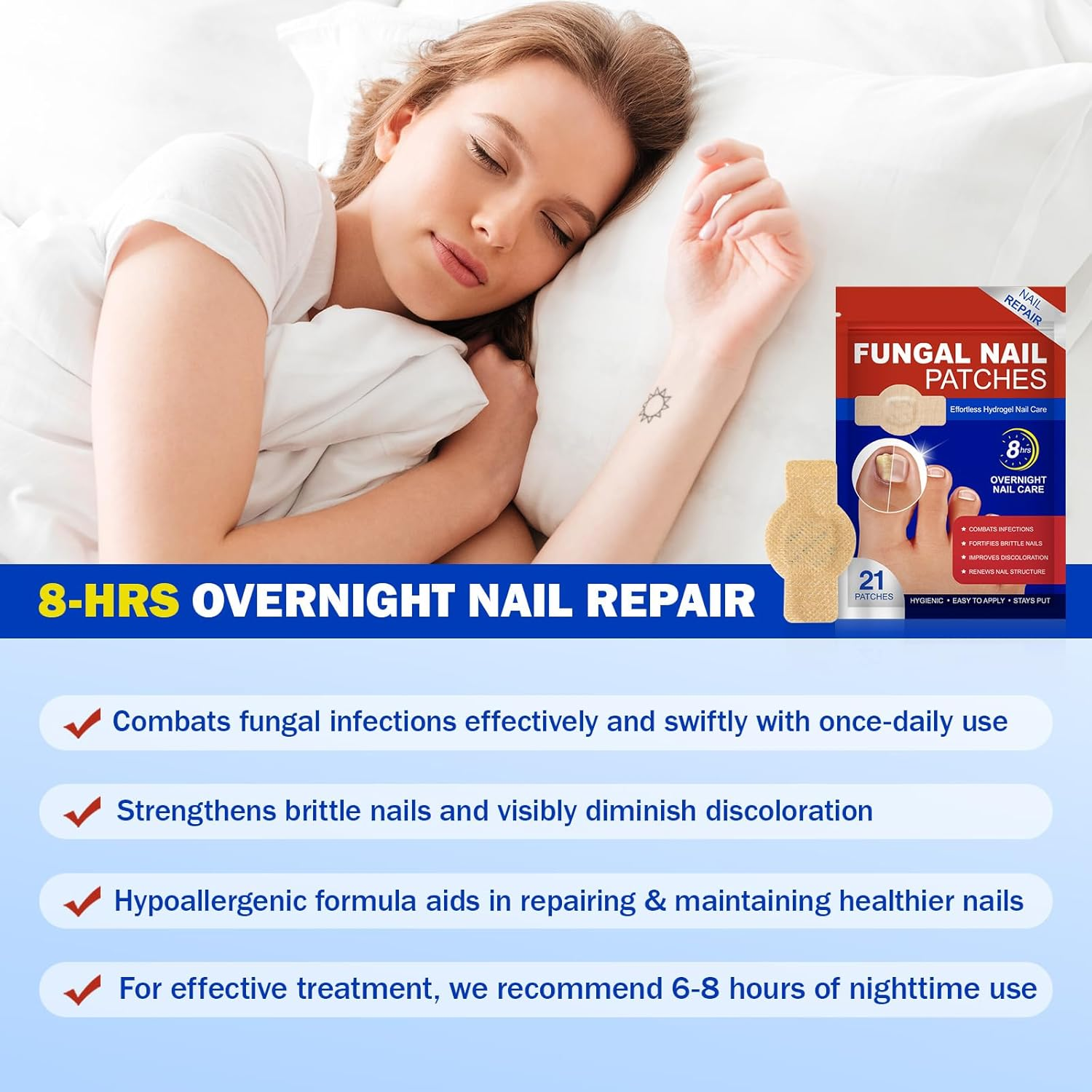 Fungal Nail Patches, Nail Fungus Treatment for Toenails, Nail Repair Patches Toenail Fungus Treatment, Nighttime Nail Patch 8-Hour Overnight Repair for Nail Fungus Damage Adhesive Patch,21Patches image number 2