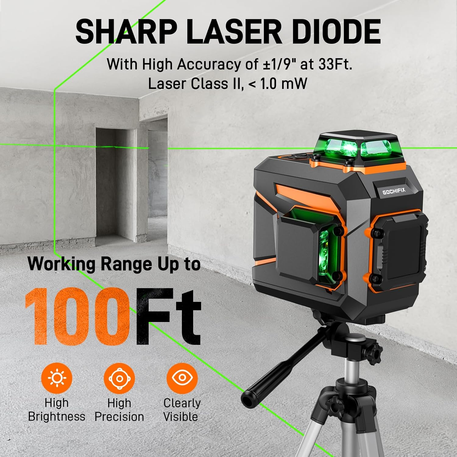 Laser Level 360 Self Leveling Green Line Laser Level Tool Wall Suction Stand Receiver 100Ft Line Laser for Picture Hanging Outdoor Rechargeable Battery,2X360,2D image number 4
