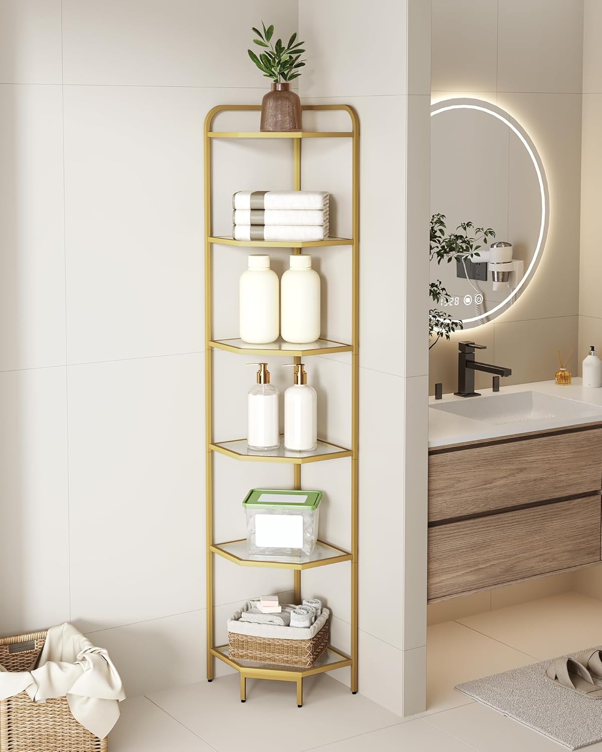 Hzuaneri Corner Shelf Stand, Glass Bookshelf Bookcase, Bathroom Organizer, Plant Stand, Steel Frame, Tempered Glass, Modern Style for Living Room, Bathroom, Kitchen, 6-Tier Golden CS90600G image number 2