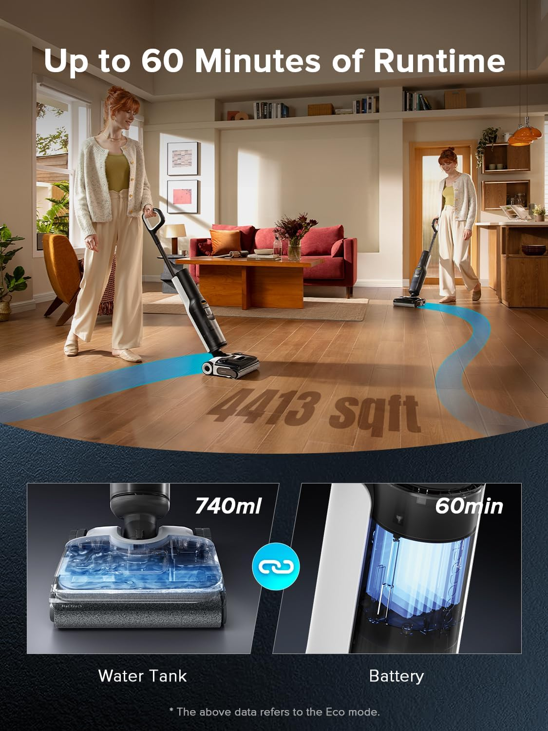Roborock F25 ACE Wet Dry Vacuum Cleaner, Cordless Vacuum Mop All in One for Hard Floor, 20000Pa Hardwood Floor Cleaner with Zero Tangle, 194&deg;F Hot Air Flash Drying Electric Mop, 180&deg; Lie Flat, Wifi image number 2