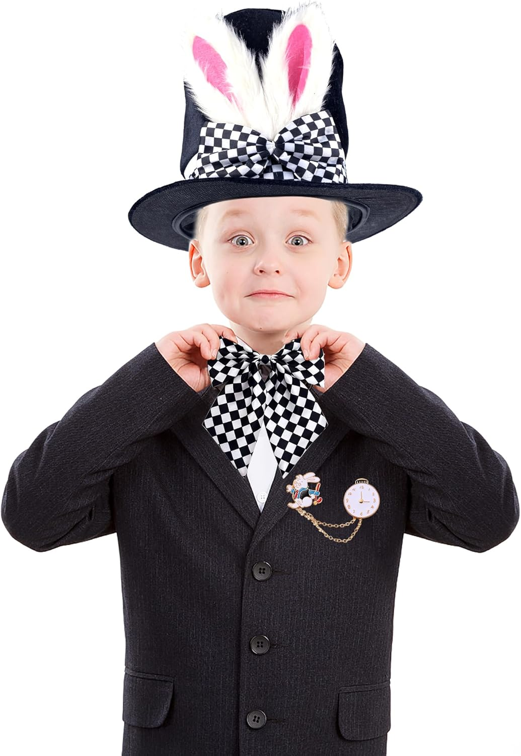 Easter White Rabbit Costume - Bunny Rabbits Dress up Costume Accessory-Include Rabbits Ears Hat Clock Brooch Bowtie image number 2