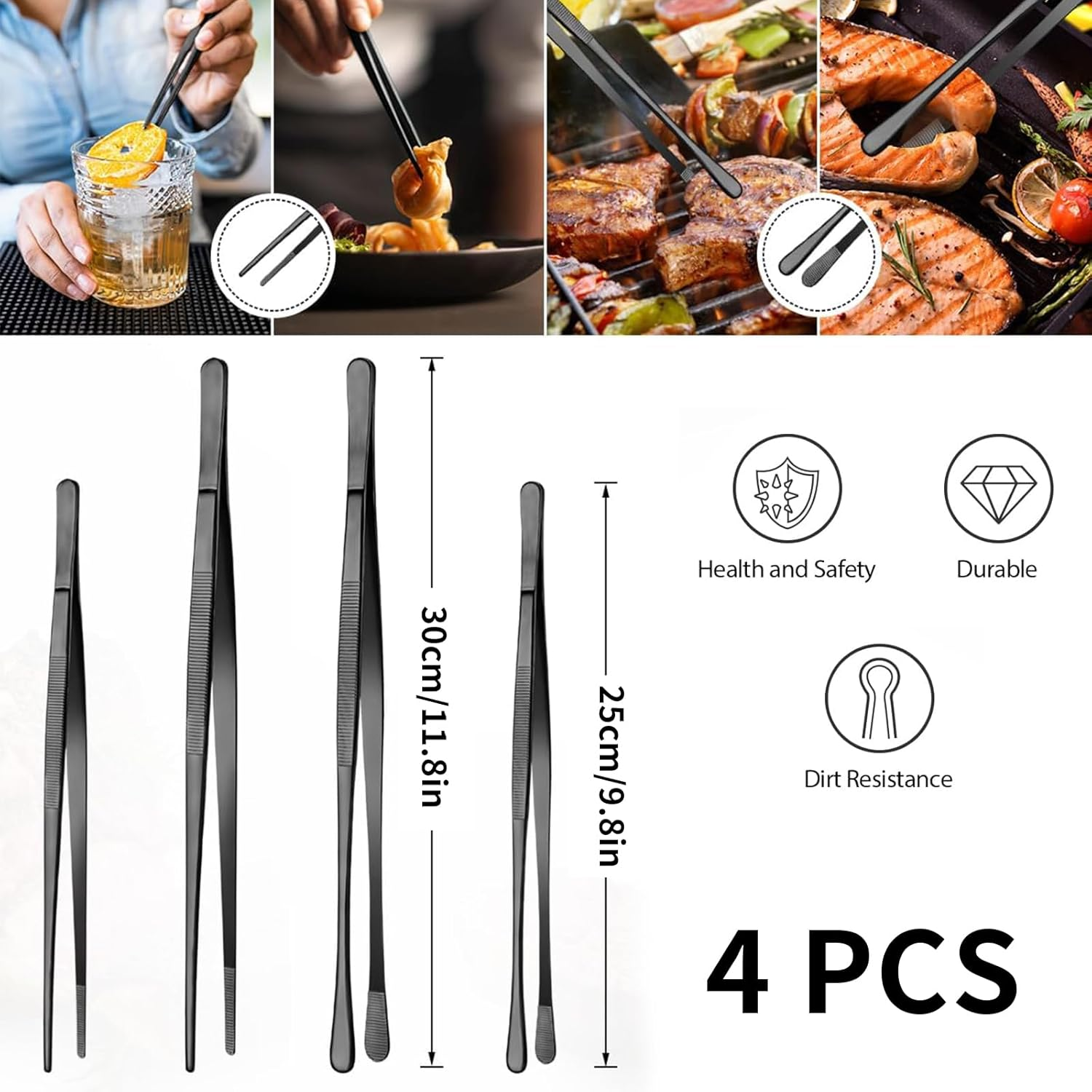 4 Pcs Black Stainless Steel Kitchen Tweezers Tongs, 25 CM & 30 CM Culinary Precision Straight Tongs, Serrated Tip and round Tip Tweezer Set for Cooking, Bartending, BBQ, and Repairs image number 5