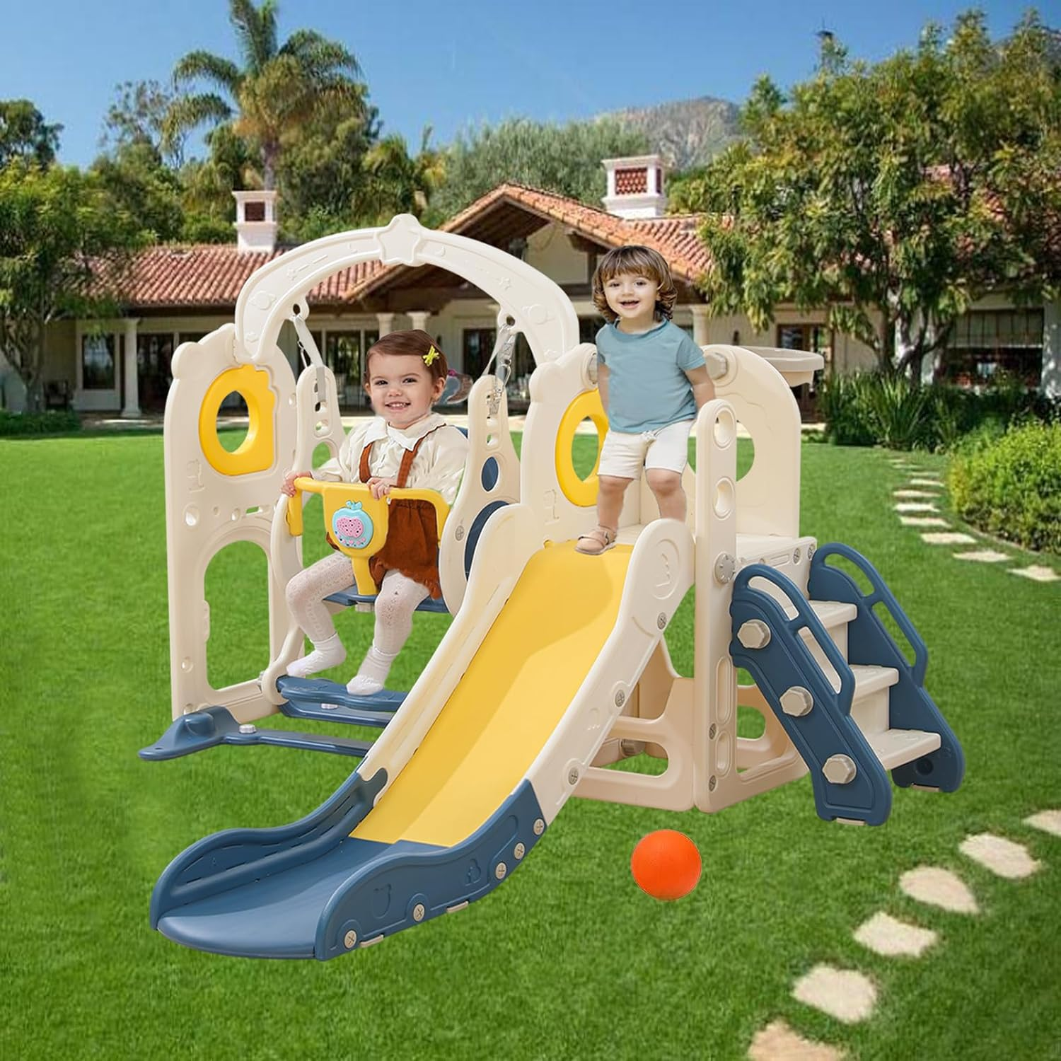 Kids Slide and Swing Set, 7In1 Toddler Slide Playset with Adjustable Swing and Dining-Plate, Basketball Hoop, Ball and Climb Stairs Kids Playset Indoor Outdoor Backyard with Music Player image number 5
