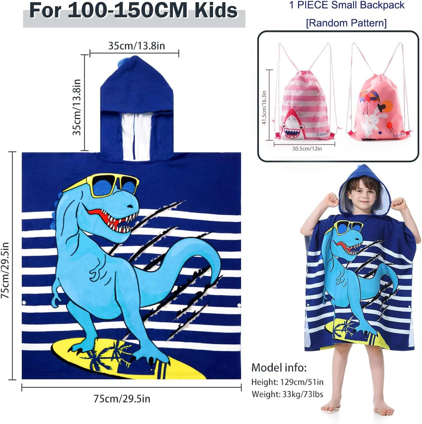 Kids Hooded Poncho Towels, Soft Microfiber Swim Cover-Ups for 4 to 15 Years Old, Hooded Kids Beach Towels, Swimming Pool Changing Robe Bathrobe Bath Towel, Kid Hoodeds Bath Towel (Blue Dinosaur) image number 2