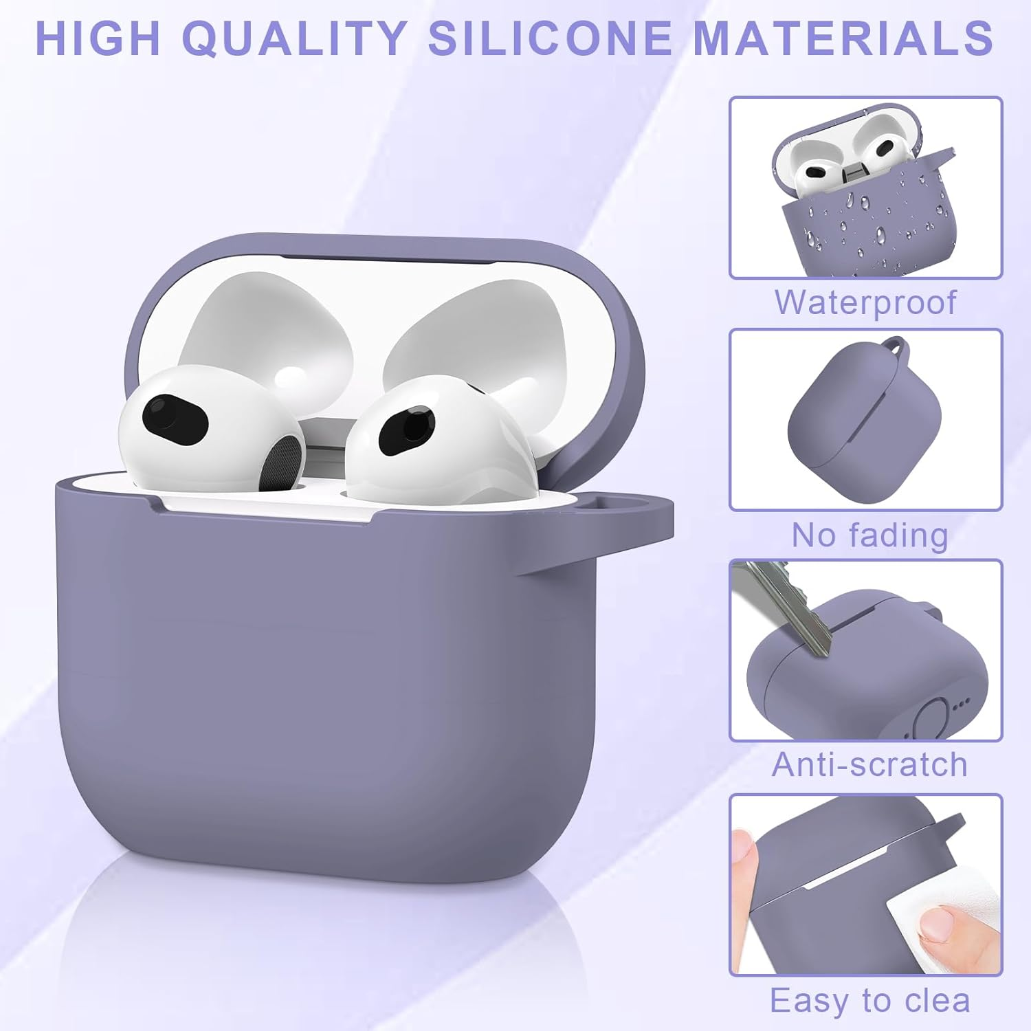 MILPROX Case Compatible for Airpods 4 Case - Soft Silicone Protective Skin Cover with Keychain/Strap, Front LED Visible, Shockproof Slim Cases Compatible for Airpod 4Th Generation - Lavender Purple