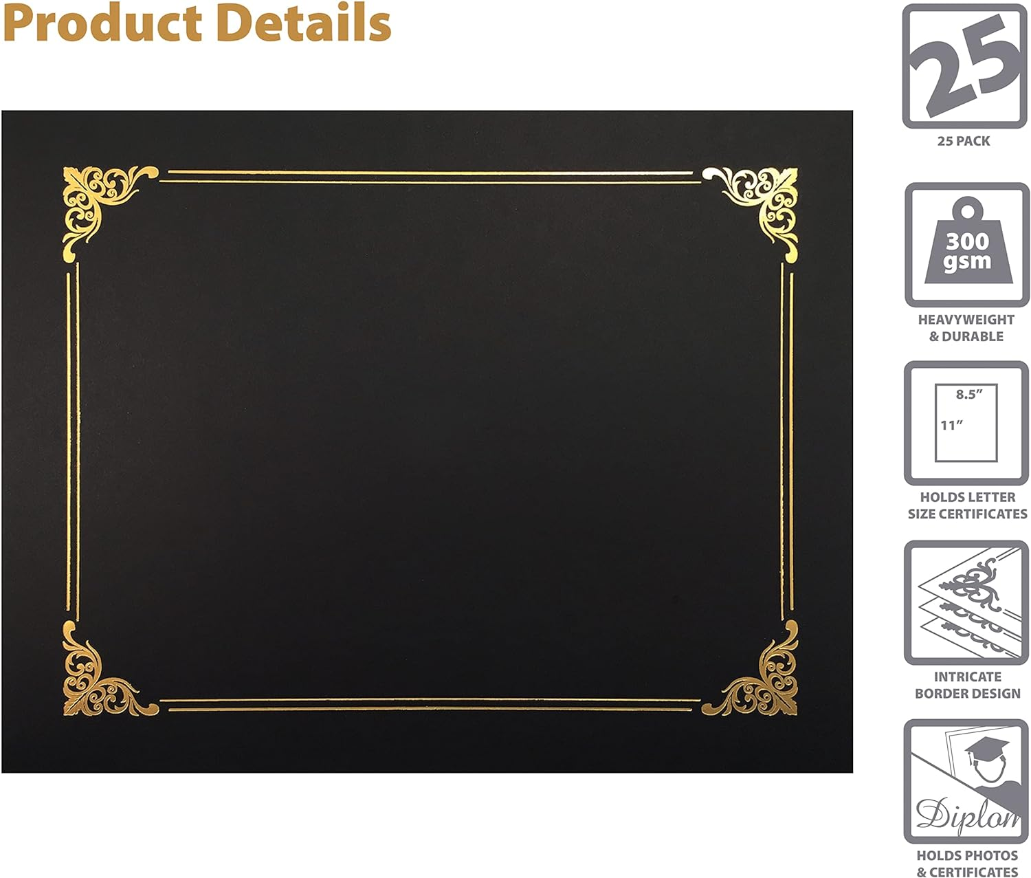 Better Office Products 25 Pack Black Certificate Holders, Diploma Holders, Document Covers with Gold Foil Border, By, for Letter Size Paper, 25 Count, Black image number 3