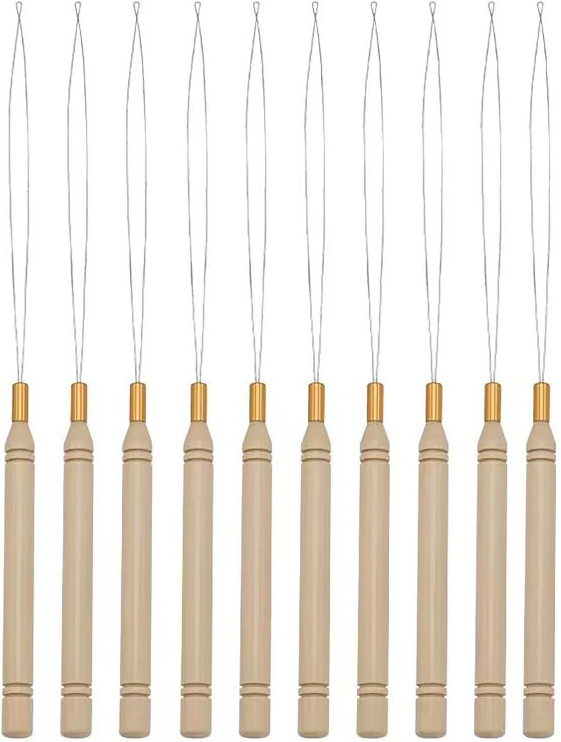 SYGELER 10 Pcs Hair Extension Loop Needle Threader &ndash; Durable Stainless Steel & Wooden Bead Threader Needles for DIY Extensions, Feathers, Micro Links &ndash; Salon & Home Use image number 2