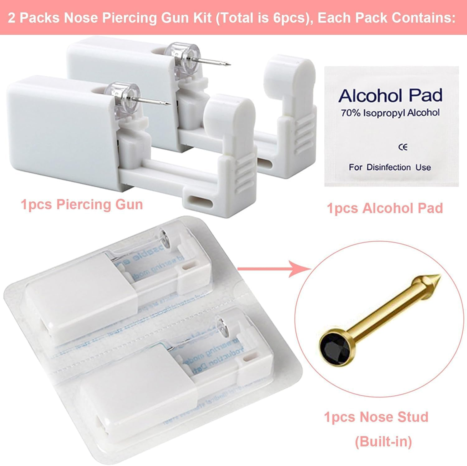 Nose Piercing Gun Kit 6Pcs Disposable Nose Piercing Kit Including 2Pcs Self Nose Piercing Gun with 2Pcs Built-In Nose Stud and 2Pcs Clean Tools for Nose Cartilage Piercing Kit(Gold) image number 6
