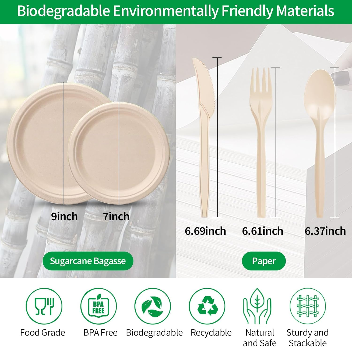 Yazoni Compostable Plates and Utensils - 350PCS Eco Friendly Bagasse Plate, 7 & 9 in Paper Plates and Bowls, 12Oz Cup, Reusable Compostable Cutlery Set, Biodegradable Plate for Camping, Party, Dinner