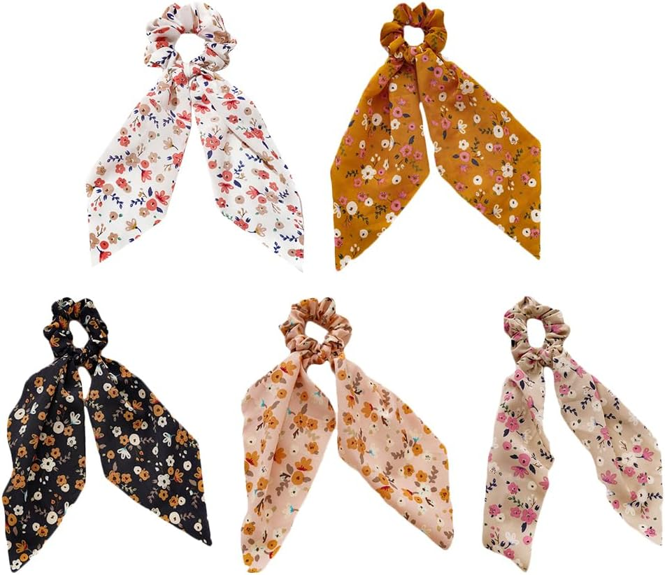 FOMIYES Pack of 5 Floral Satin Ribbon Hair Tie Fashion Scarves Ponytail Hair Band with Tail Flower Printed Hair Pompoms Ties image number 6