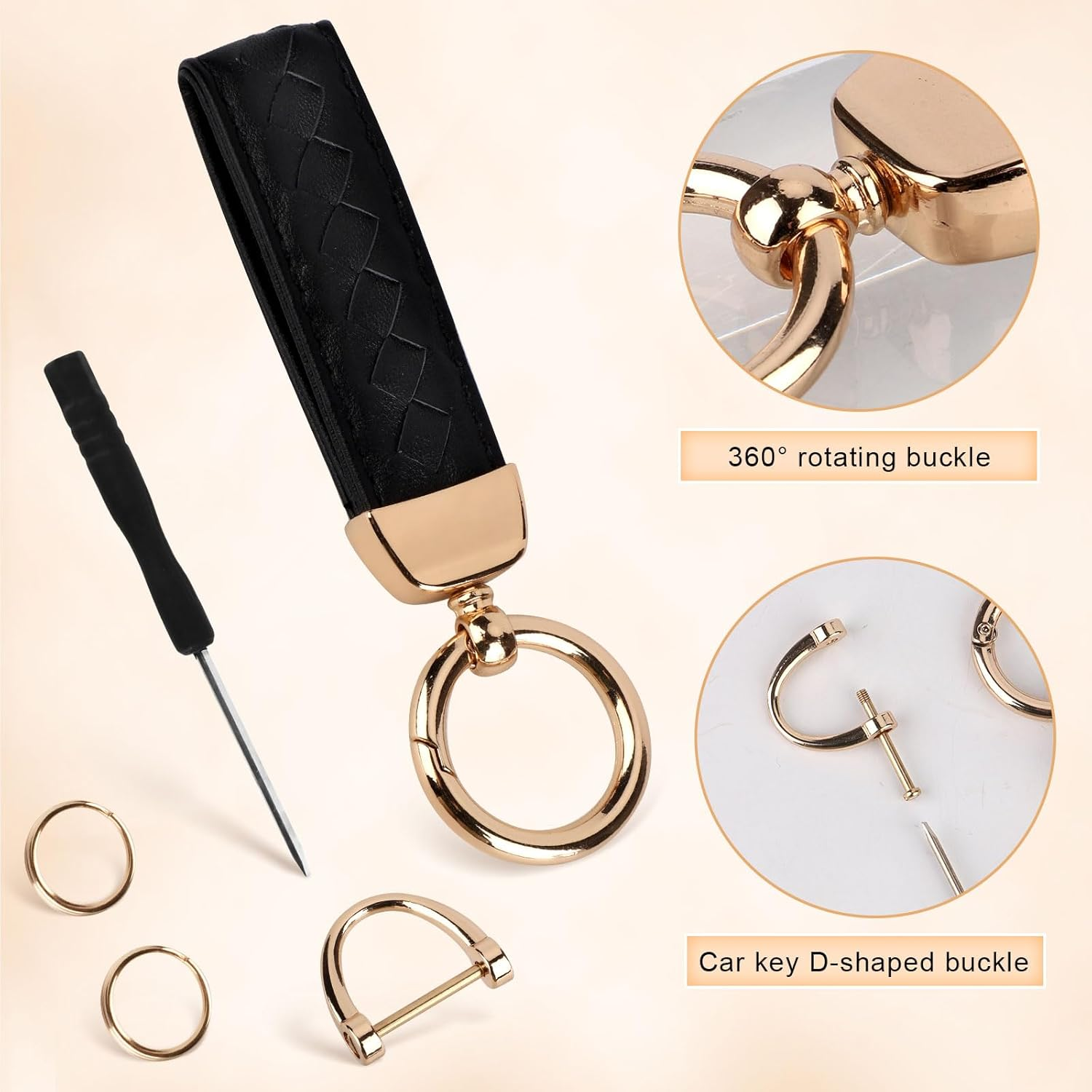 Genuine Leather Car Keychain, Car Key Chain Key Fob Holder with Anti-Lost D-Ring Keyrings and Screwdriver for Men Women Birthday Gift, Black, Large image number 4