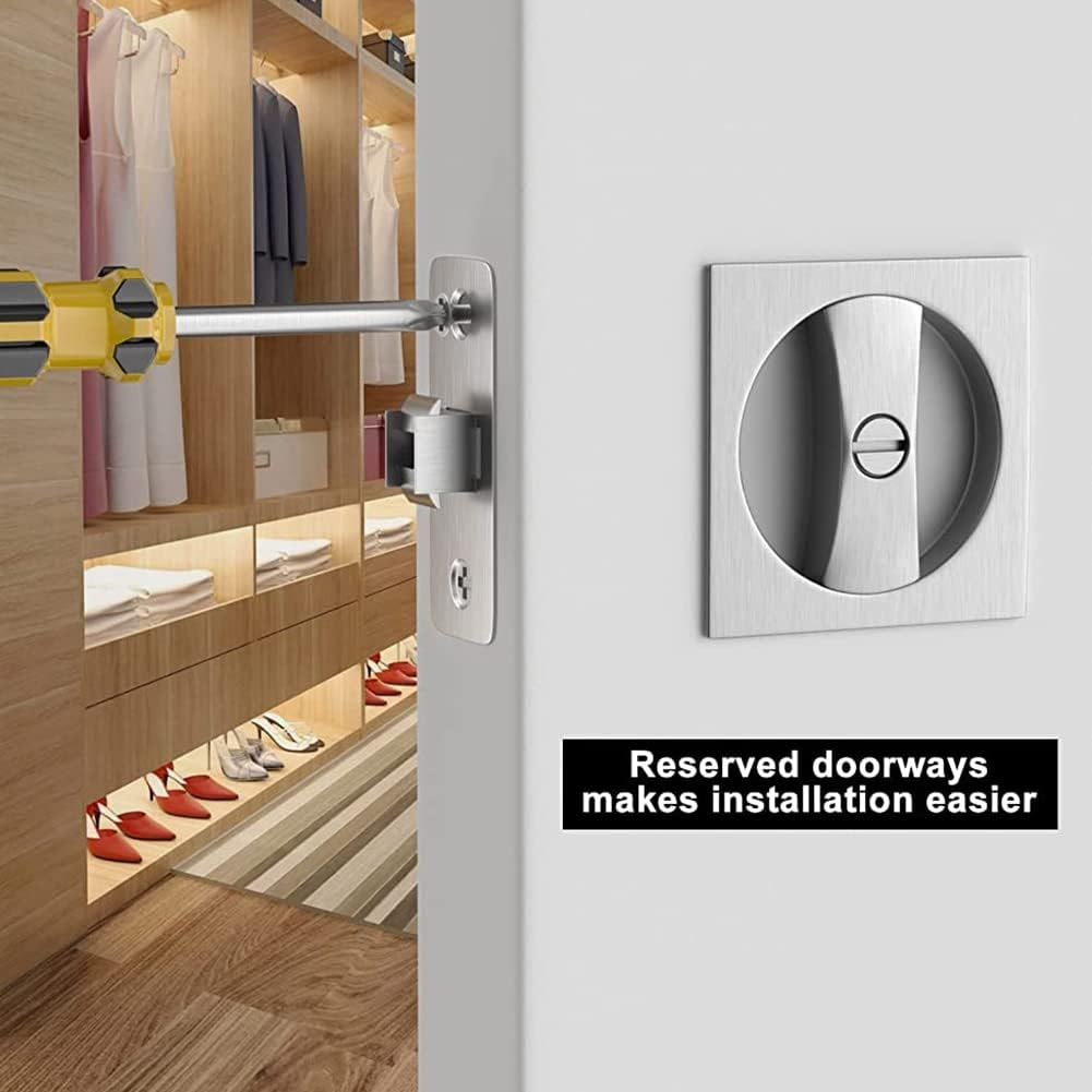 Bed/Bath Pocket Door Lock Silver Door Lock Satin Contemporary Privacy Square Pocket Door Hardware, Sliding Pocket Door image number 1