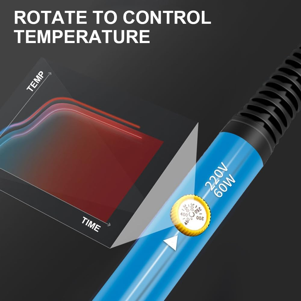 60W Soldering Iron Kit, 15 in 1 Soldering Kit, Adjustable Temperature Soldering Iron. Electric Welding Tool, with 5 Soldering Iron Tips, Mini Wire Stripper, Solder Tube, Soldering Iron Stand, Tweezers image number 3