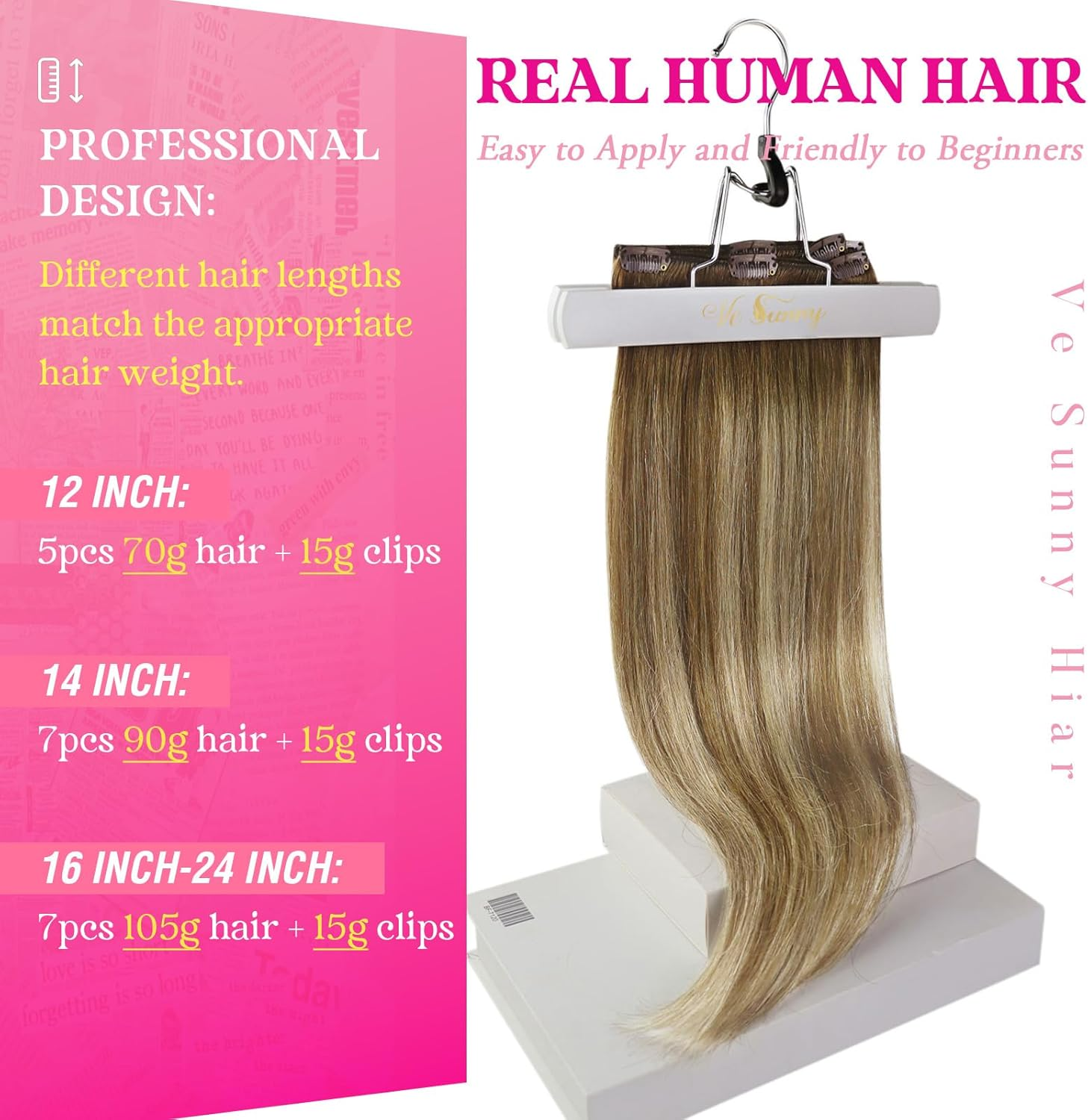 Vesunny 16Inch Clip in Ombre Blonde Hair Extensions Balayage Color #8 Light Brown Fading to #22 Blonde Mix Brown Full Head Clip in Hair Extensions Thick Human Hair 7Pcs/120G image number 2