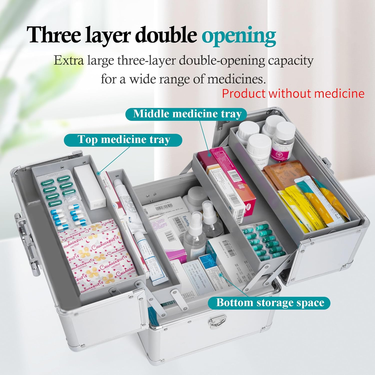 3 Layer Medicine Lock Box Large, Empty First Aid Box with Shoulder Strap and Lock, Portable Medicine Storage Box for Home, Office and Travel, 11.81 X 8.54 X 9.45 Inches image number 6