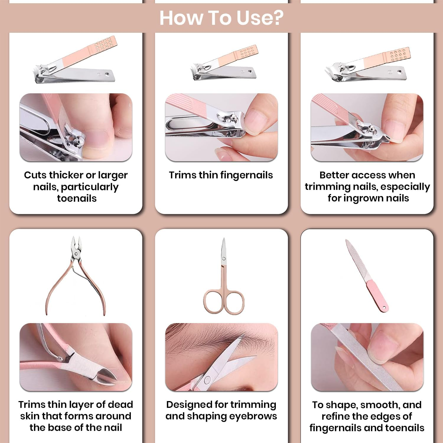 12 in 1 Professional Manicure Set, Stainless Steel Nail Clippers Set, Portable Grooming Kit for Women & Men, Pedicure Kit for Personal Care with Luxurious Travel Leather Case, 12 Pcs Clippers Tools (Rose Pink) - Jet Black image number 2