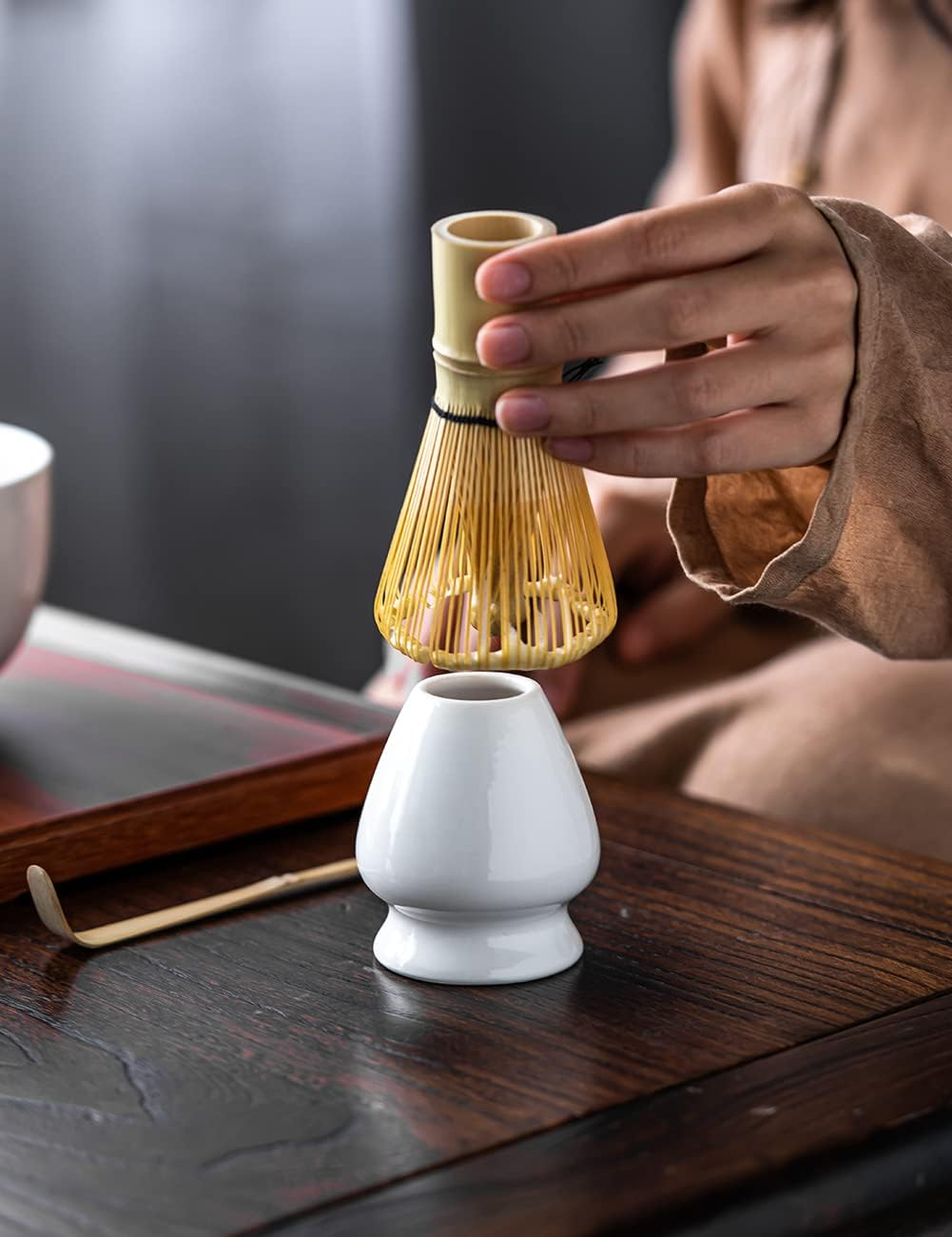 TANG PIN Matcha Set - Match Bowl and Whisk | Matcha Scoop Matcha Stand (Chasen Holder) 4Pc Perfect Matcha Kit for Matcha Tea Ceremony (White) 5.4*4.7*3.0 - Mottled Green image number 2