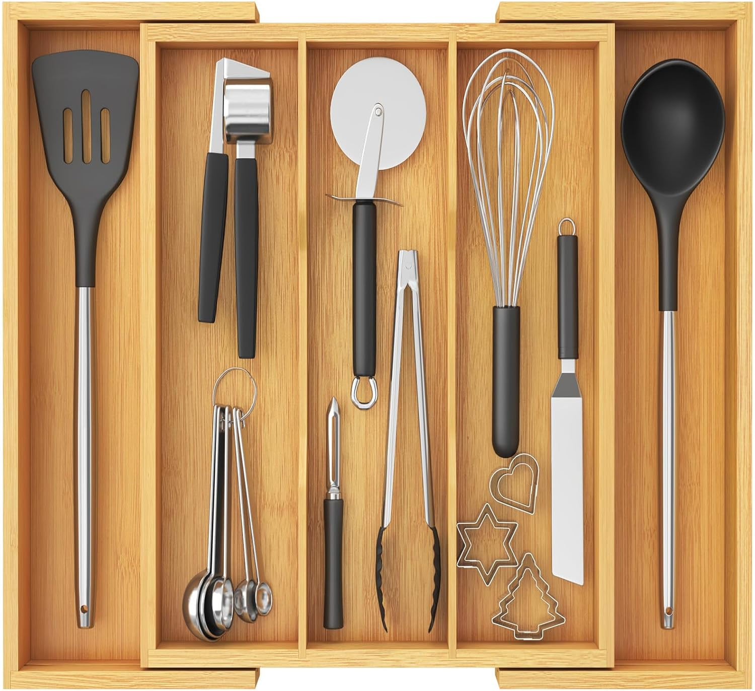 Lifewit Utensil Drawer Organizer, Expendable Cooking Silverware Tray for Kitchen Drawer, Bamboo Adjustable Cutlery Flatware Holder, Spatula Tools and Gadgets Storage Divider, 4 Compartments, Natural