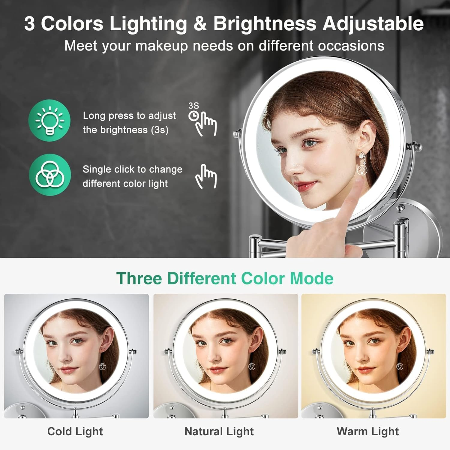 Wall Mounted Lighted Makeup Mirror, 8" Rechargeable Double-Sided Light up Magnifying Mirror 1X/10X, 3 Colors Led Vanity Mirror with Lights, Touch Dimmable 360&deg; Rotation Foldable image number 4