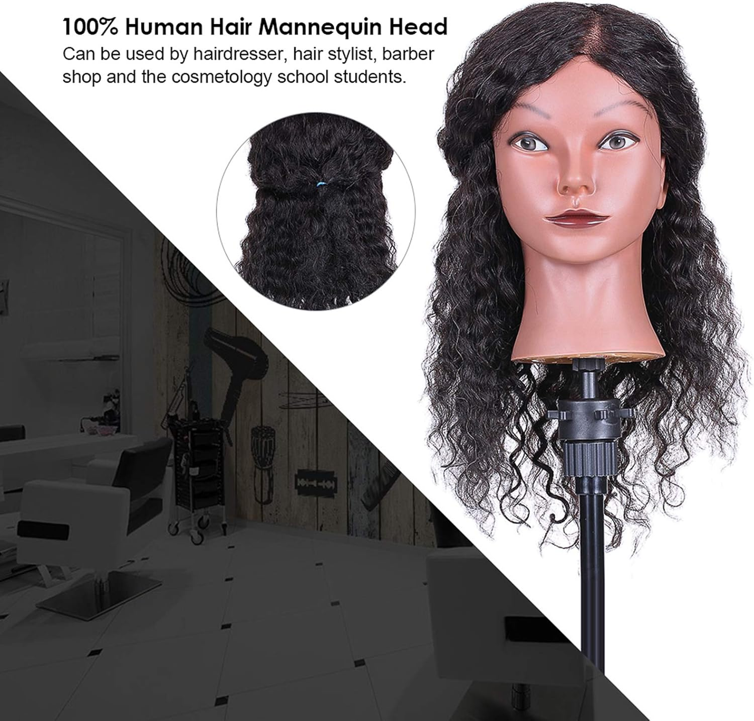RAYWE Curly Hair Mannequin Head Hairdressing Training Head for Hair Styling Practice Hair Braiding Dummy Head with 100% Human Hair Black image number 1
