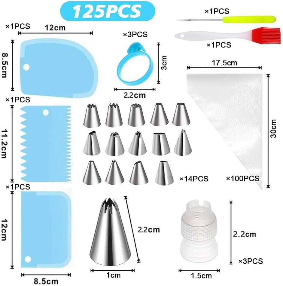 Piping Bags and Tips Set - Cupcakes Cake Decorating,Kit Baking Supplies,Stainless Steel Icing Cake Frosting Piping Tips with Reusable& Disposable Pastry Bags (125PCS) image number 4