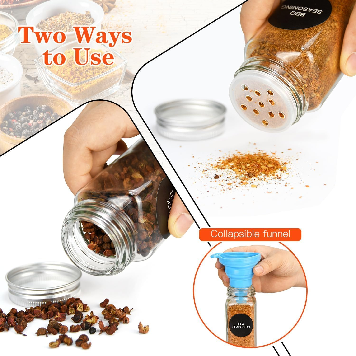 24Pcs Glass Spice Jars, 4 Oz Glass Seasoning Bottles, Spices Container, Empty Spice Jars, Square Spice Bottles with Airtight Stainless Steel Caps with Shaker Lid (24) image number 6