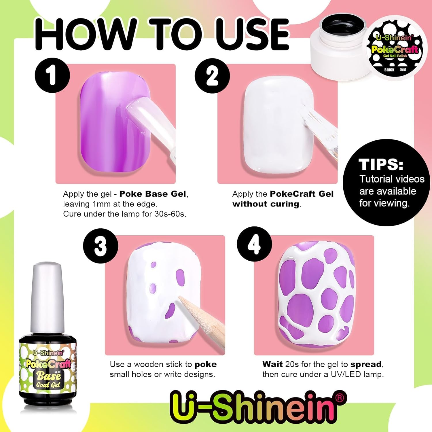 U-Shinein Multi-Functional White&Black Gel Nail Polish Set, with Base Coat&Orange Wood Nail Sticks Kit, Blooming Gel Spreading Magic Blossom Effect Pokecraft Gel Nail Polish Lace Patterns Manicure DIY