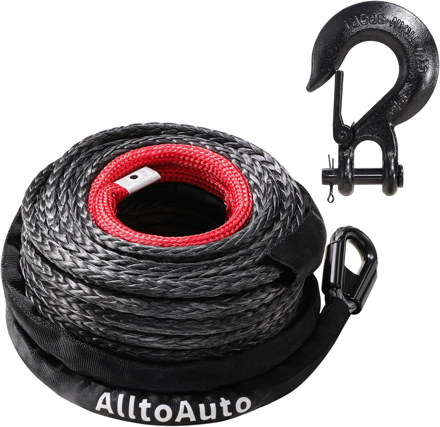 Alltoauto Winch Rope with Hook, 3/8" X 100'-25000Lbs Dyneema Synthetic Winch Rope Line Cable with Protective Sleeve for Truck 4WD Off-Road Vehicle Winch Accessory image number 2