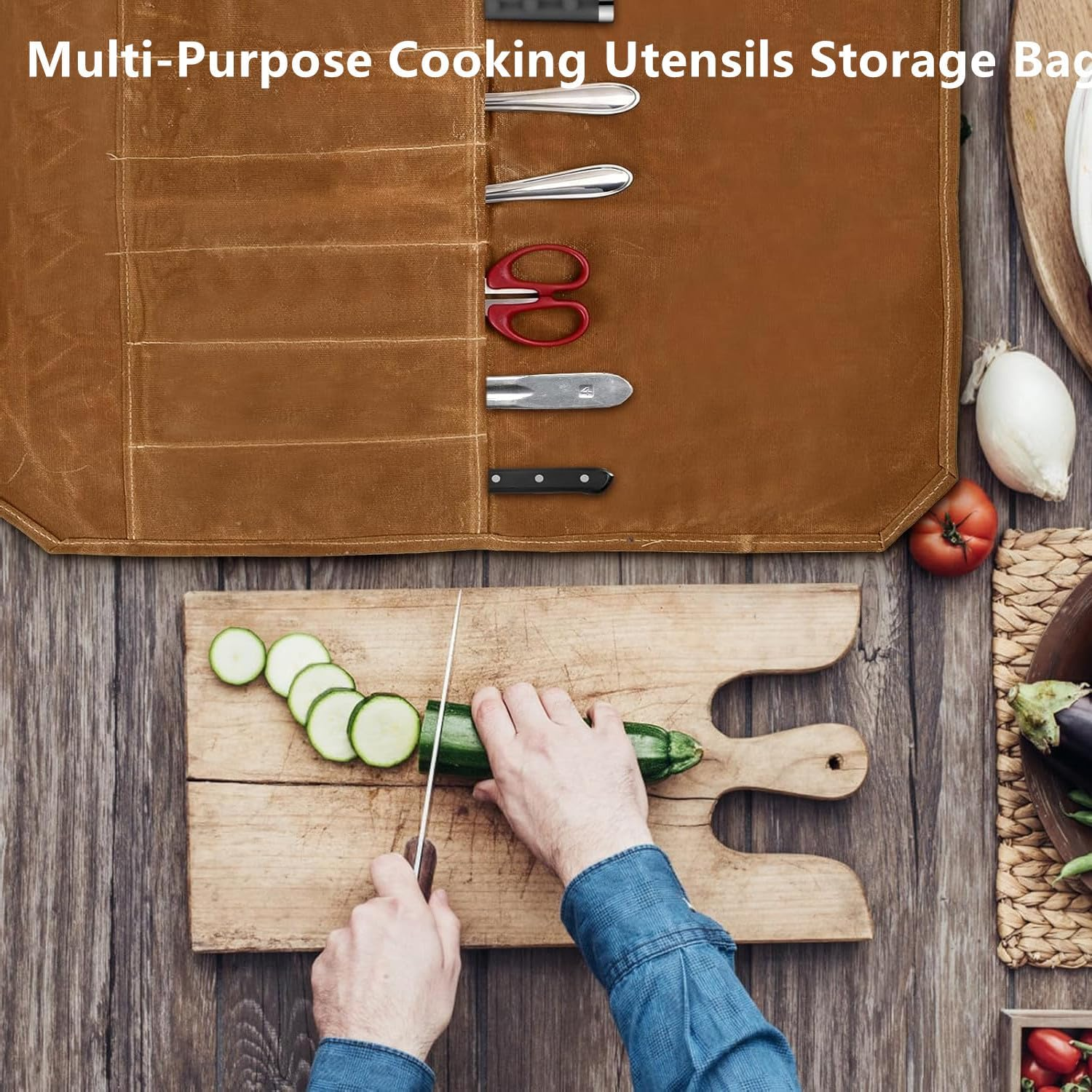 Chefs Knife Roll Bag, Portable Chef Knife Bag with 7 Slots Canvas Knives Pouch, Home Kitchen Outdoor Camping Tools (Brown) image number 2