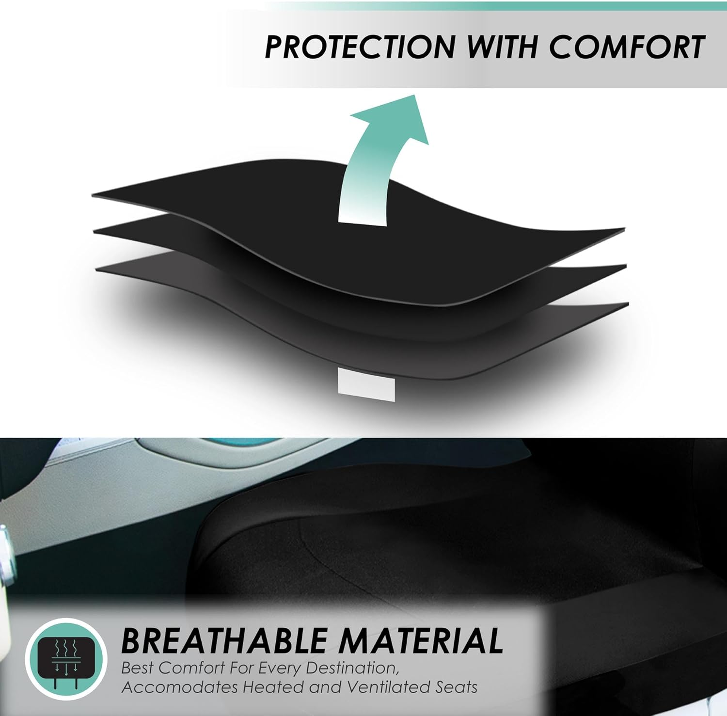 FH Group Automotive Seat Covers Black Universal Fit Combo Set with Steering Wheel Cover and Seat Belt Pad Fits Most Cars, Suvs, and Trucks (Airbag Compatible and Split Bench) FB030115BLACK-W-B image number 4