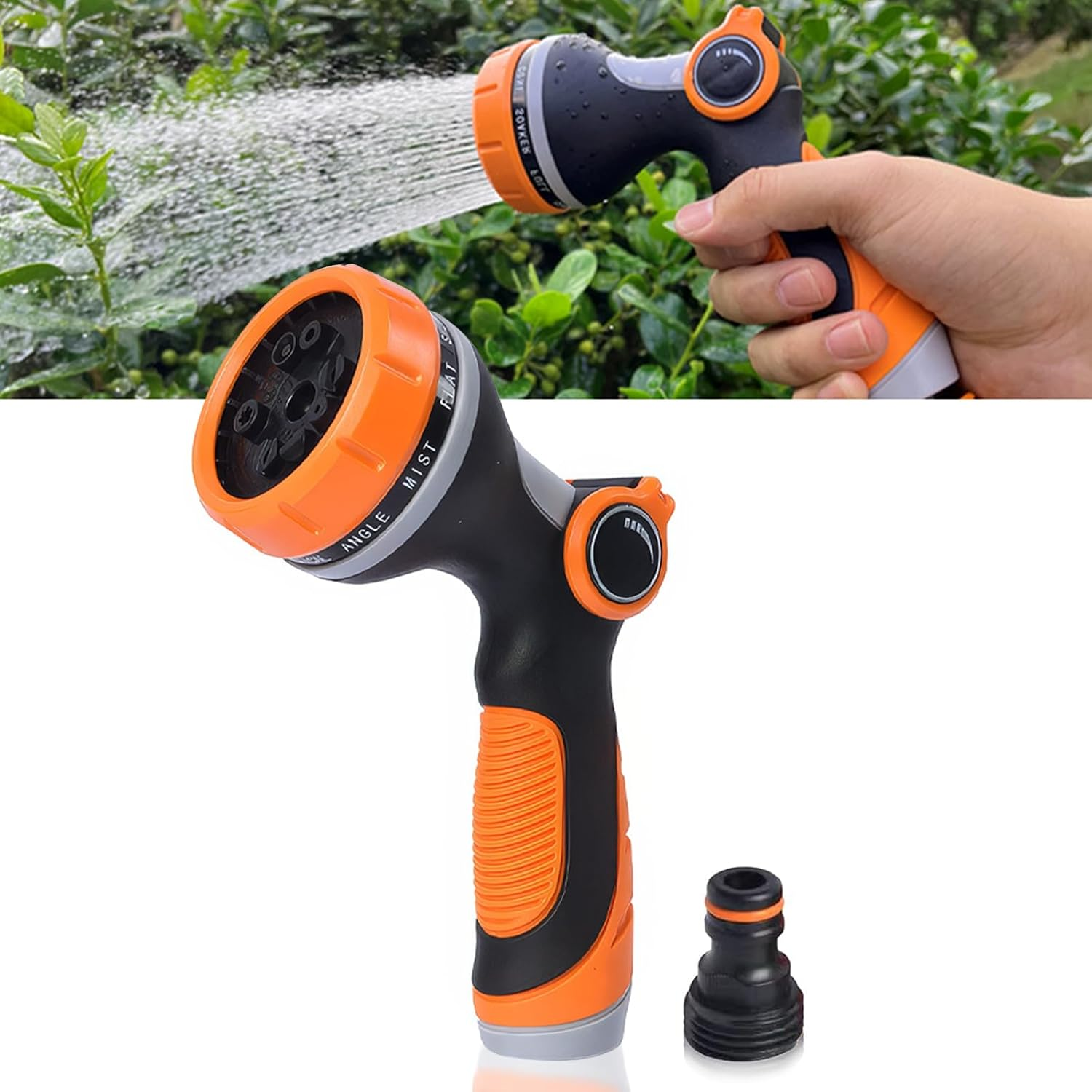 Garden Hose Nozzle, 10 Adjustable Patterns, Zinc Alloy & ABS Plastic, Thumb Switch, Multi-Purpose Sprayer, Orange & Black image number 3