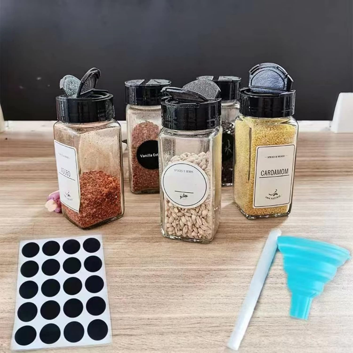 Veonly 24Pcs Square Glass Spice Jars Clear Spice Jars with Lids Labels Funnel Brush,1Pcs Silicone Collapsible ​Funnel Test Tube Brush Chalk Marker image number 5