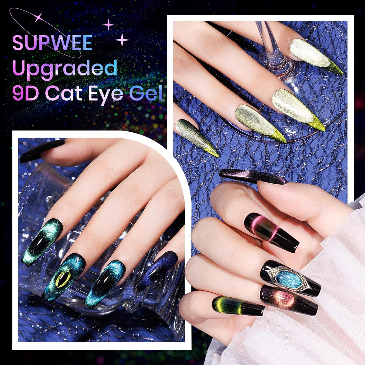 SUPWEE Cat Eye Gel Nail Polish Set with Magnetic Gel Polish Cateye Nails Magic Chameleon Galxy Effects 12 Colors Home Manicure for Women Girl image number 3