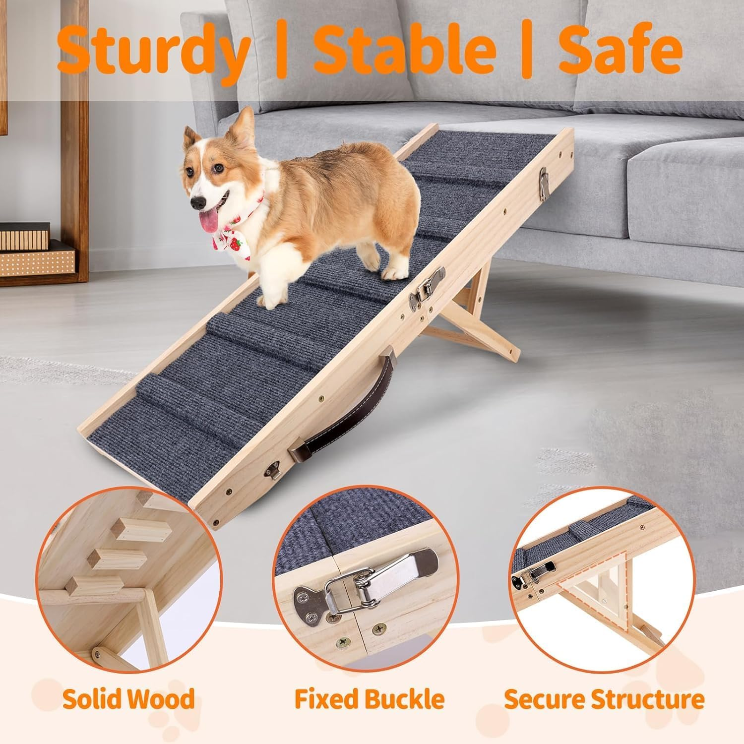 Dog Ramp, Non-Slip Dog Ramp for Bed，Portable Folding Pet Ramp for Small Dogs Cats，83Cm Long Adjustable 4 Heights 20-42 Cm ，UP 50 Lbs/23Kg，Dog Ramp Suitable for Bed, Couch, Car image number 2