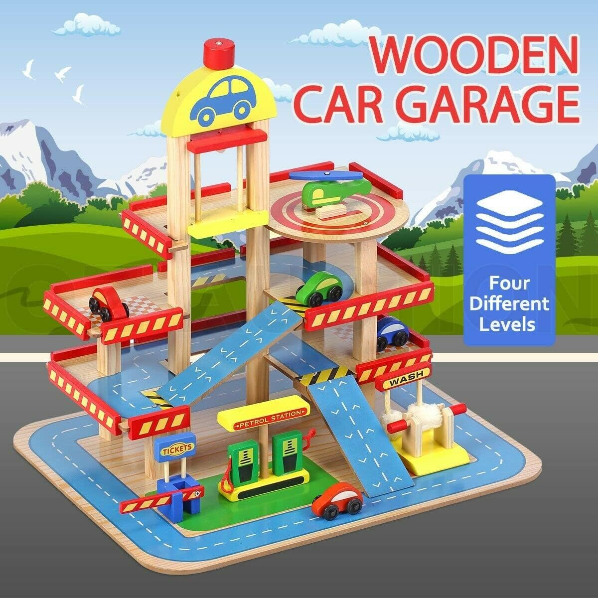 Kids Wooden Car Garage Premium Toy Car Park Car Ramp Car Parking Playset Colourful with 4 Levels Lift, Car&rsquo;S Car Wash, Petrol Station and Helicopter Pad image number 3