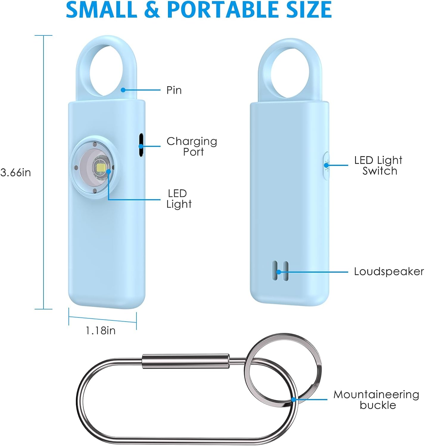 AMIR Personal Alarm Keychain for Women Safety - Loud 130 Db Siren with Strobe Light and Carabiner - Helps Women, Children, Men, Seniors, Elderly Emergency Call (Blue) - Blue image number 3