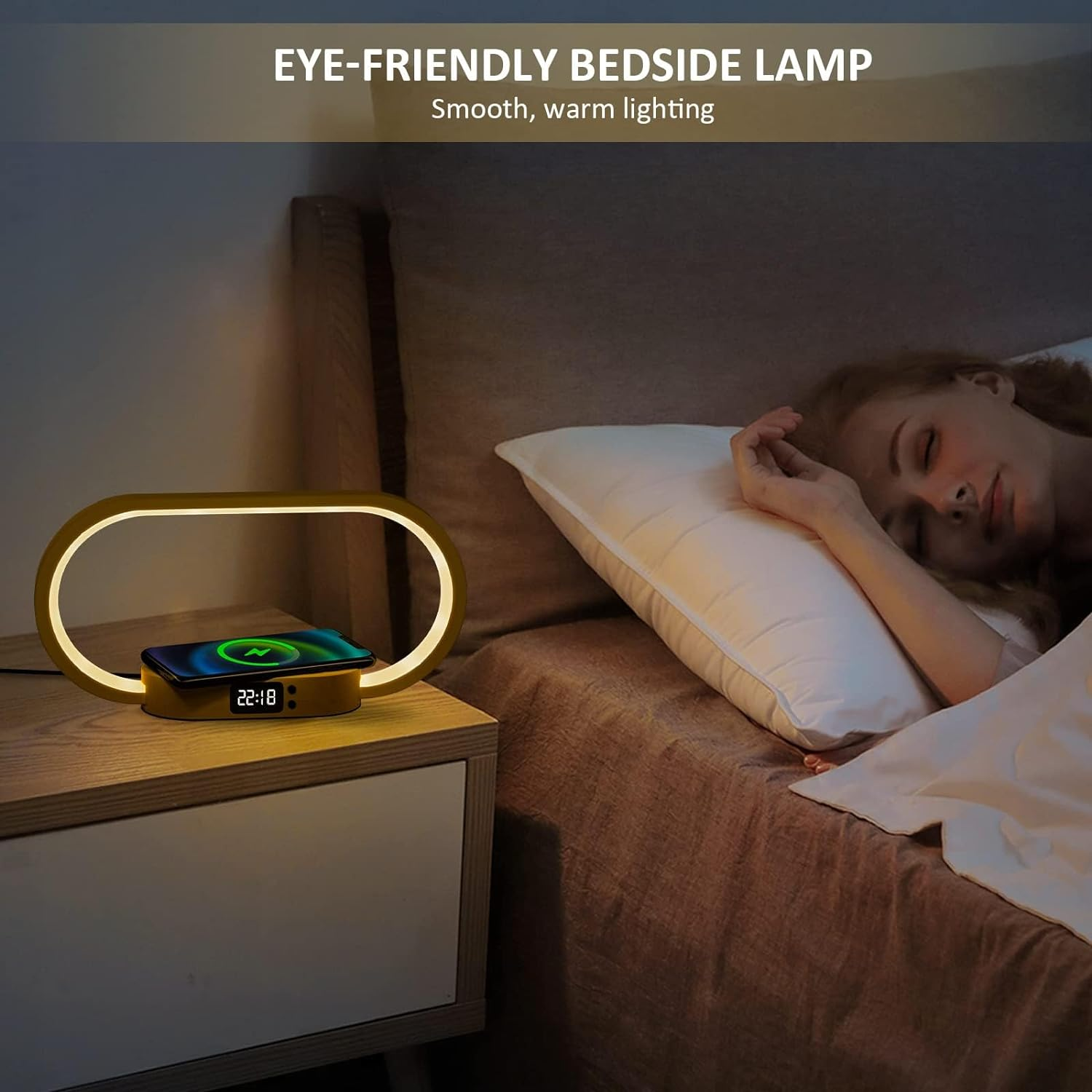 Anyuainiya Bedside Table Lamp with Wireless Charger, Touch Control LED Night Light with Clock & USB Charging Port, 5 Color Modes Dimmable Table Lamp Wooden Small Modern Nightstand Lamp Desk Lamp Gift image number 4