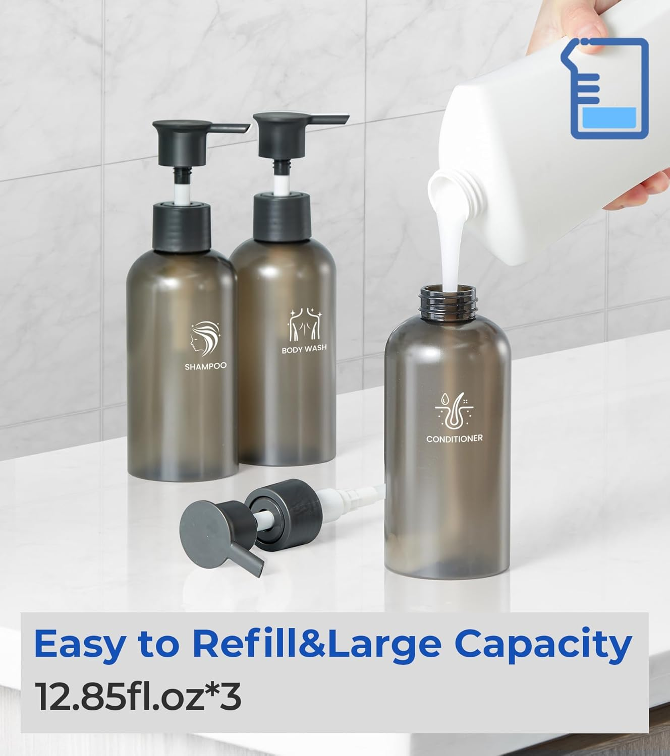 YWEHS Shampoo Dispenser for Shower Wall Mounted, Shower Soap Dispenser 3 Chamber No Drill, 12.85 Fl.Oz*3 Shampoo Conditioner Body Wash Dispenser for Bathroom Hotel, Silver, 3 Refillable Bottles - Sliver image number 6