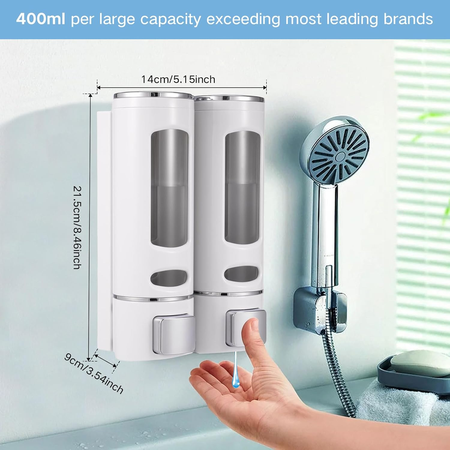 2Pcs/3Pcs Shower Soap Dispenser Wall Mounted 400Ml Shampoo and Conditioner Dispenser Adhesive Handwashing Fluid Dispenser Rest Room Washroom Toilet Soap Dispenser for Bathroom Hotel (2 Chamber) image number 2