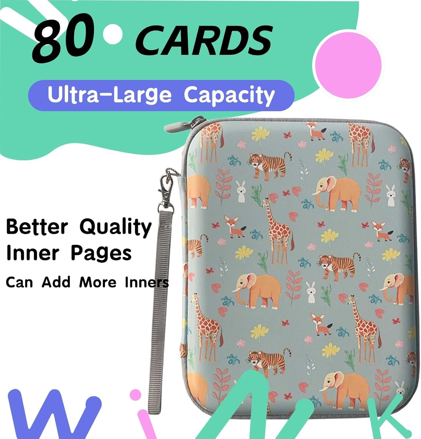 Card Case for Yoto Card Holder Storage Portable Folder with Zipper 80 Pockets Cards Card Binder Fit 2.3 * 3.4 Inch Mini Audiobook Cards Card Binder Holder with Sleeves for Travel (Animal) image number 6