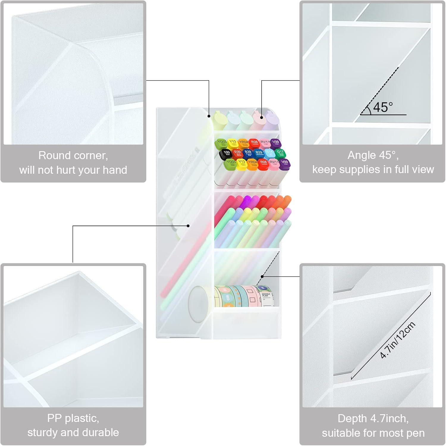 Asten Pen Holder, Pencil Holder for Desk, Pen Organizer for Office, School, Desktop, Large Capacity Pen Storage Organizer with 5 Compartment for Pens, Markers, Makeup Brush, Cosmetics (Clear, 1 Pack) - Pink image number 2