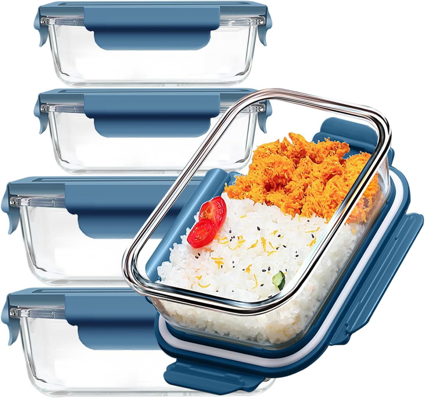 Glass Food Storage Containers 5 Pack,Three Sizes Glass Meal Prep Containers with Snap Lock Leakproof Lids,Lunch Box for Microwave,Freezer,Oven and Dishwasher image number 1