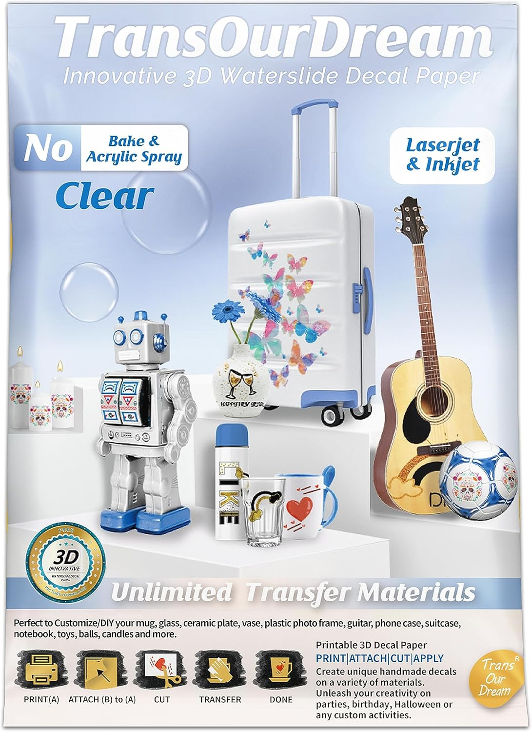 Transourdream 3D Waterslide Decal Paper for Inkjet & Laserjet Printers (A4,10 Sets) Clear Transparent Printable Water Transfer Paper for DIY Tumblers, Mugs, Ceramics, Glass（Tod-Au-3Dws-C10）